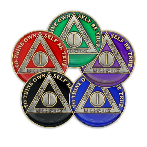 1 Year Sobriety Coin | Triplate AA Chip Recovery Anniversary Token (Black)