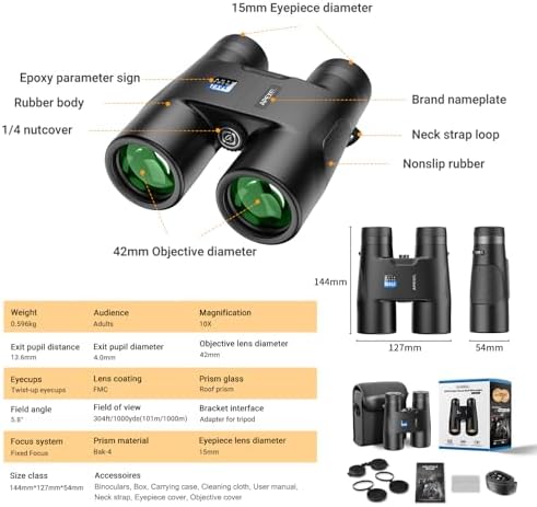 10x42 Focus-Free Binoculars,Professional High Powered HD Large View Binoculars,with BAK-9 Prism FMC Lens for Bird Watching Hunting Trave Watching Sport Events