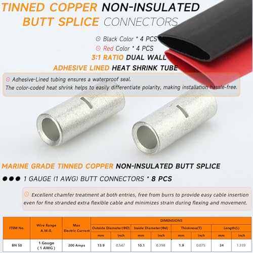 1 AWG Butt Connectors 8 PCS 1 Gauge Non-Insulated Butt Splice Connectors 1 Ga. Uninsulated Crimp Wire Connectors Tinned Copper Marine Grade Crimp Butt Terminals with 8 PCS 3:1 Heat Shrink Tube