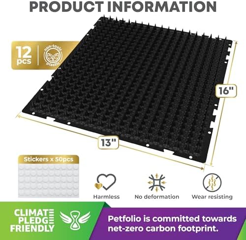 12 Pack Black Cat Spike Mat - 16" x 13" Scat Mat for Cats with 1" Spike is A Perfect Cat Scat Mat for Indoor & Outdoor Cat Repellent to Deter Feral Cats & Dogs