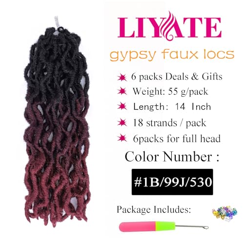 14 Inch Goddess Faux locs Crochet Hair 6 Packs/Lot Soft Gypsy Locs Wavy Crochet Braids Dreadlocks 3 Tone Curly Wavy Twist Braiding Hair Extensions African Roots Braid（#1B/99j/530)