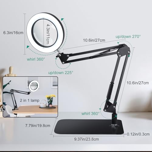10X 20X Magnifying Glass with Light and Stand and Clamp, 2-in-1 Desk Book Magnifier for Reading 3 Color Modes Lighted Magnifying. Glass with Stand, Adjustable Height Magnifiers with Light Hands Free