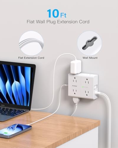 10Ft Extension Cord with Multiple Outlets, Flat Plug Power Strip Surge Protector 10 Ft Long Cord, 8 Outlet 4 USB Ports (2 USB C), Multi Outlet Wall Plug for Home Office, College Dorm Room Essentials