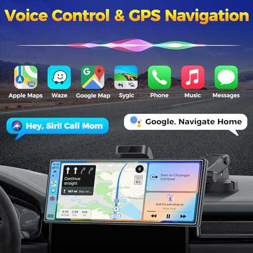 10.26" Wireless Apple CarPlay Android Auto Screen - 4K Dash Cam, GPS Navigation, HD Touchscreen, AirPlay, 1080P Backup Camera, Car Stereo