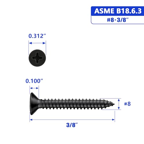 #8 X 3/8 Black Flat Head Sheet Metal Screws Phillips Drive Wood Screws, 304 Stainless Steel 18-8 Black Coating, Pack of 100