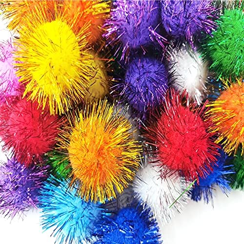 1.8 Inch Assorted Color Flash Ball Cat's Favorite Toy Ball Tinsel Pom Poms Flash for Kittens Exercise and Multiple Cats Play and Chase, 100Pcs