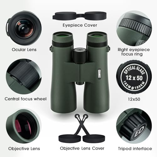 12x50 HD Binoculars for Adults High Power Binoculars IPX7 Waterproof Fogproof for Hunting, Bird Watching, Cruise Ship, Travel and Safari Green