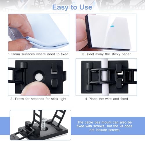 100PCS Adhesive Cable Ties Cable Clips, Self-adhesive Nylon Cable Straps, Adhesive Cable Management Clips for Wire Management (Black-Adhesive Cable Ties)
