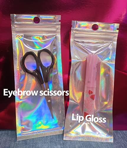 100 Pcs Resealable Holographic Bags Small Ziplock Plastic Smell Proof Baggies for Party Favor Food Storage, Lip Gloss, Candy, Cosmetic & Jewelry Packaging, 2.4x5.9"