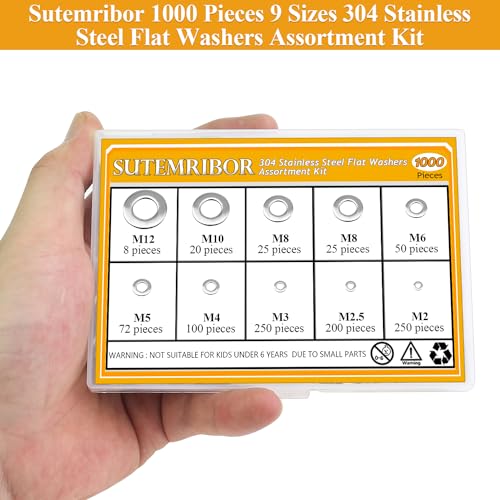 1000 Pieces 9 Sizes 304 Stainless Steel Flat Washers for Screws Bolts, Stainless Steel Washers, Metal Washers, Assorted Washers (M2 M2.5 M3 M4 M5 M6 M8 M10 M12)