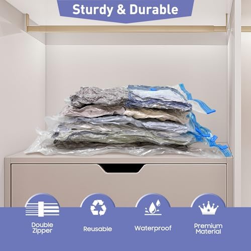 10 Pack Large Vacuum Storage Bags with Hand Pump, 80% Storage Space Saving, Sturdy Leak-Free Space Saver Vacuum Seal Bags for Clothing, Vacuum Compression Bags for Travel Lugggage