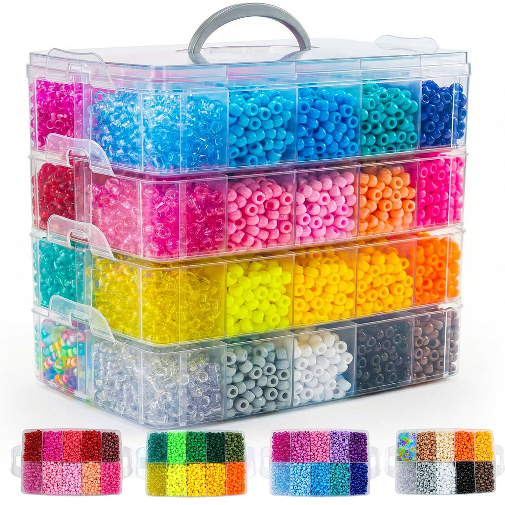 12000Pcs Pony Beads Kit, 40 Colors Rainbow Rave Kandi Beads for Bracelets Friendship with Neon Glow Beads Bulk for Hair Braiding DIY Jewelry Making Craft Kits (Shock Resistant Stackable Box, 9.2lb)