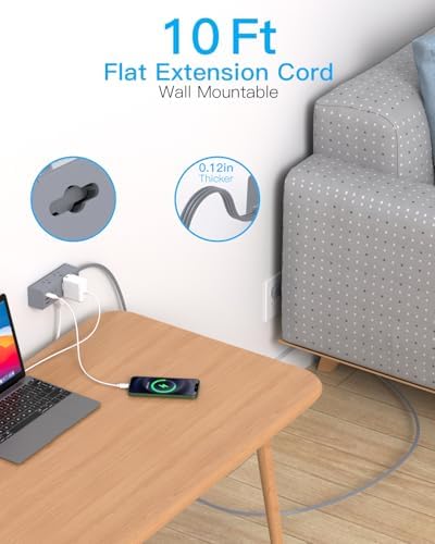 10Ft Extension Cord with Multiple Outlets, Flat Plug Power Strip Surge Protector with 10 Ft Long Cord, 6 Outlet 3 USB Ports (1 USB C), Multi Outlet Wall Plug for Travel, Dorm Room Essentials-Grey