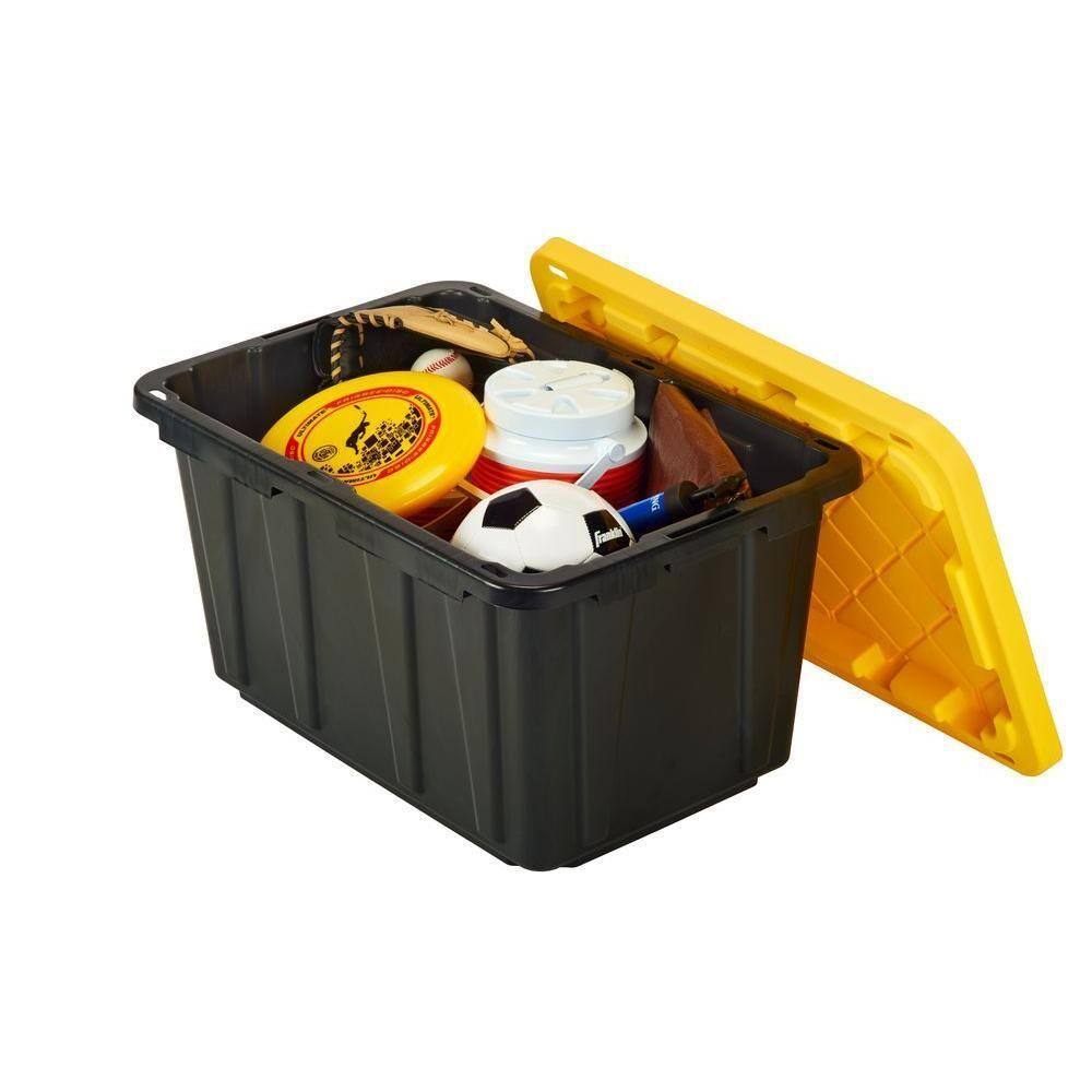 HDX 27-Gallon Black Stackable Waterproof Storage Tote with Yellow Lid, 5-Pack