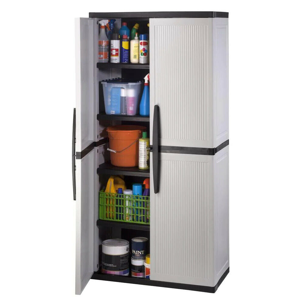 HDX Gray Plastic Freestanding Garage Cabinet with Adjustable Shelves & Lockable Doors, 35"W x 71"H x 18"D