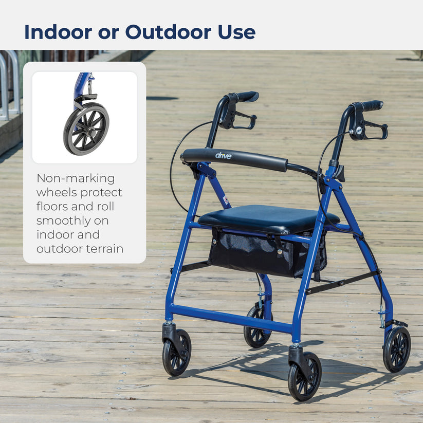 Drive Medical 4-Wheel Rollator Walker, Foldable, Padded Seat & Backrest, 6-Inch Wheels, Blue