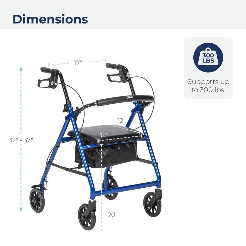 Drive Medical 4-Wheel Rollator Walker, Foldable, Padded Seat & Backrest, 6-Inch Wheels, Blue