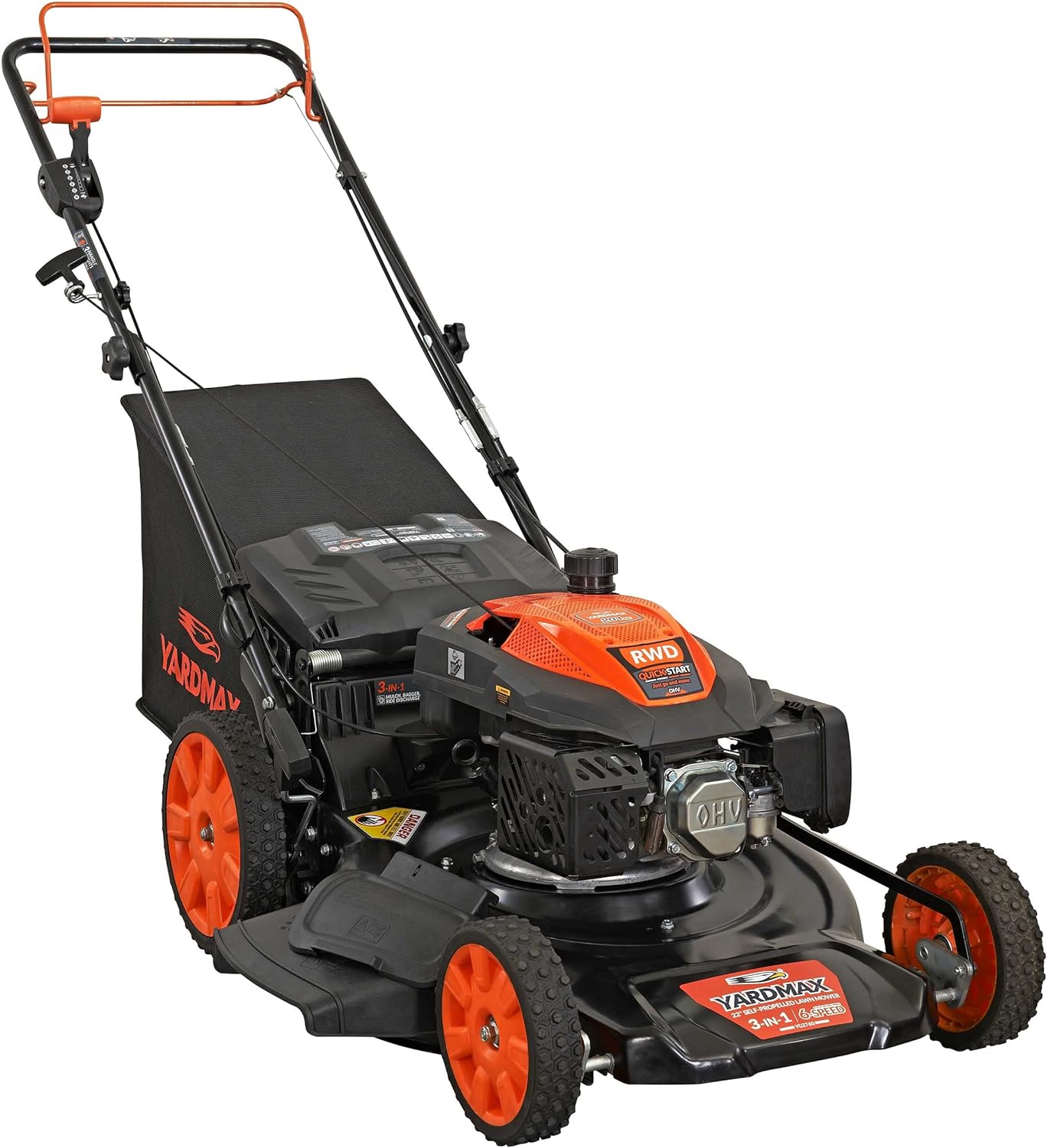 YARDMAX 22" Gas Self-Propelled Lawn Mower, 201cc, 6-Speed CVT, High Wheel RWD, 3-in-1, Black